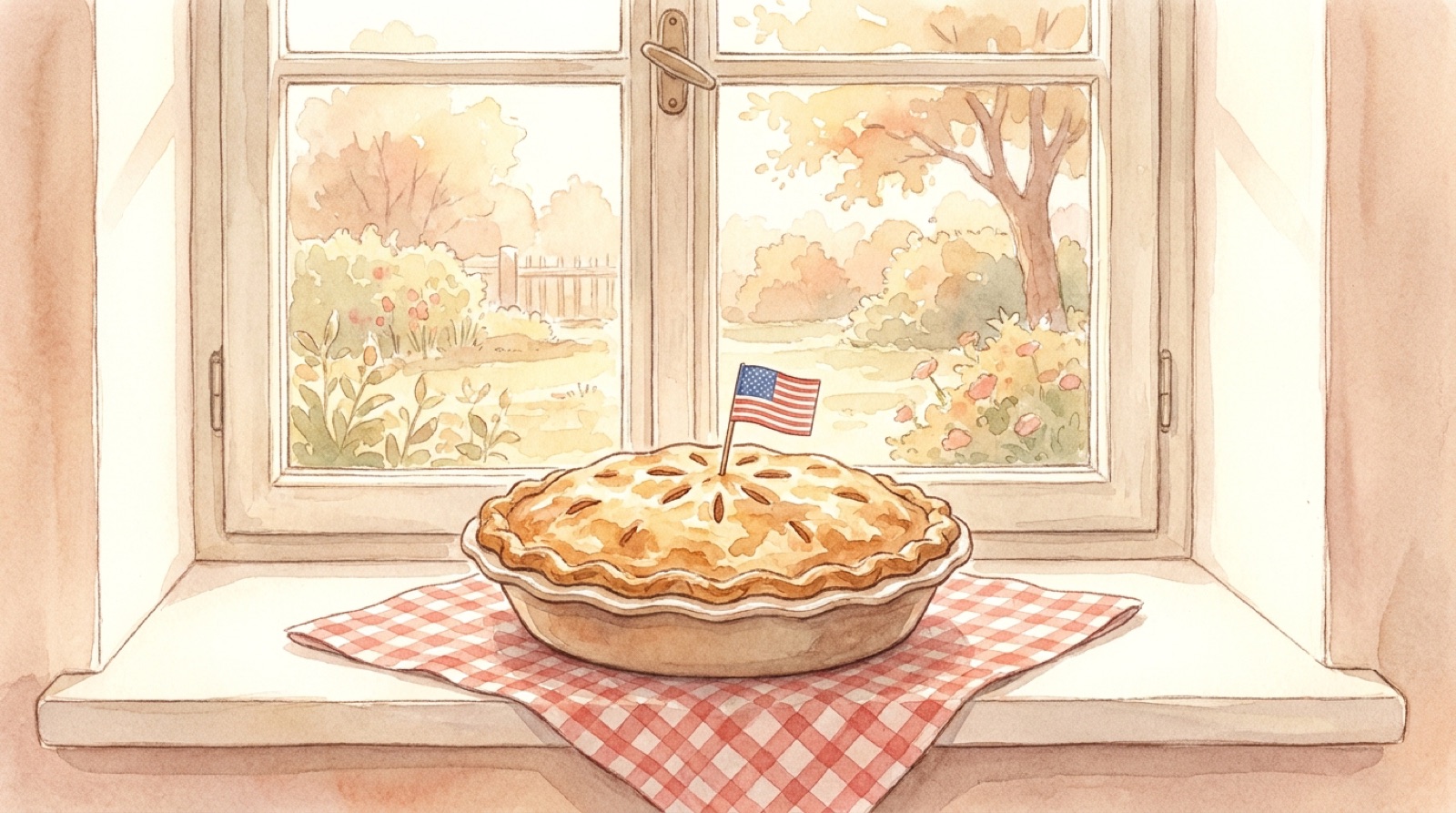 A fresh apple pie cooling on a sunny windowsill with a tiny American flag